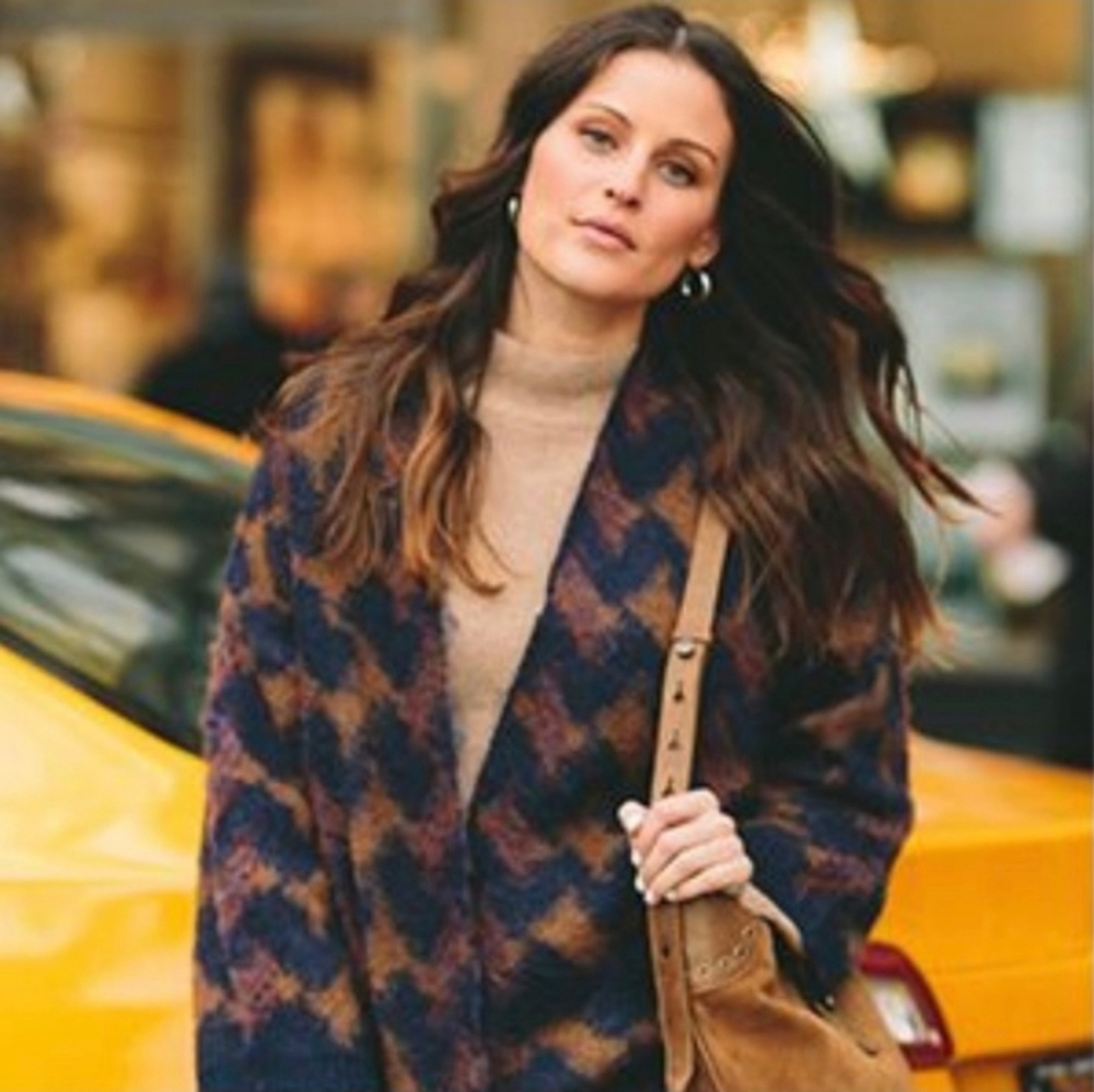 Lucky Brand M Fuzzy Sweater Coat Cardigan Duster Wool Blue Brown 2349-R